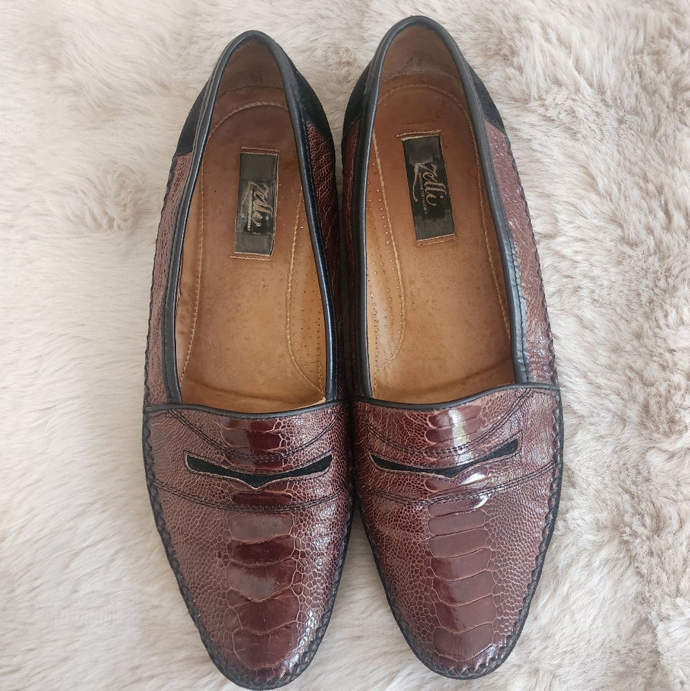 Men's Zelli Genuine Ostrich Brown Leather Loafers, Size 13M